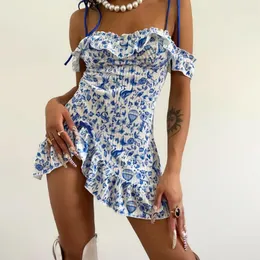 Casual Dresses Blue Floral Print Ruffle Spaghetti Strap Dress Women Summer White Elegant Vintage Y2K Sexig Mini Bodycon Beach Party Drees