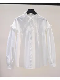 Blusas femininas lamprip estilo francês babados doce arco plissado lolita manga comprida blusa de camisa de algodão 2023