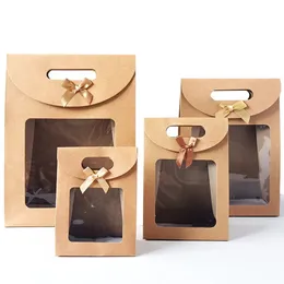 Present Wrap 12st Kraft Paper Bags med PVC Window Portable Packaging Bag för Thanksgiving Wedding Birthday I0322