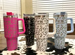 Stanley 40oz Leopard print Reusable Tumbler quenche with Handle and Straw Stainless Steel Insulated Travel Mug Tumbler Insulated Water Bottles Wholesale