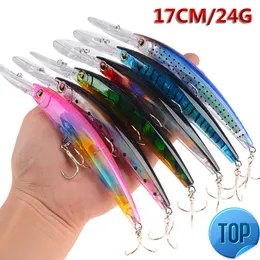 1 st 17 cm 24g stora fiske lockar flytande laser minnow hård crankfish bete fiske wobbler med bkb diskant krokar bas bete pesca