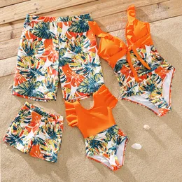 Passende Familienoutfits PatPat Badeanzug Orange All Over Tropical Plant Print Splicing Rüschen und Badehose Shorts 230322