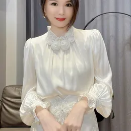Camicetta da donna colletto alla coreana Camicia in raso a maniche lunghe con lanterna a fiori rosa 3D SMLXLXXL3XL
