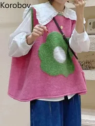 Damenwesten Korobov Koreanische Mode Gestrickte Weste Herbst Lose Altersreduzierung Spleißen Blumen Pull Femme Pullover Süße Chaleco Mujer 230322