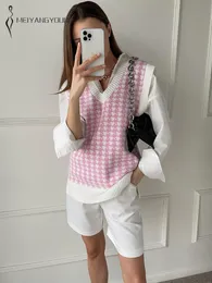 Women's Vests MEIYANGYOUNG Sweater Vest Women Autumn V Neck Sleeveless Vintage Houndstooth Knitted Ladies Sweaters Vest Female Waistcoat Tops 230322