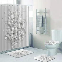 Duschgardiner elegant bukett av fantastiska vita blommor 3D -stil duschgardin badrum gardin med badmatta matta set blommig heminredning 230322