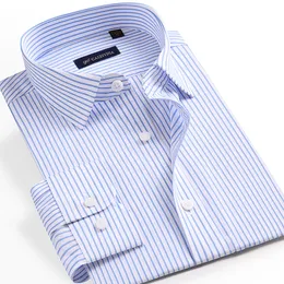 Men's Casual Shirts Men's Classic-collar Non-iron Pinpoint Stripe Dress Shirt Pocketless Comfortable Cotton Standard-fit Long Sleeve Office Shirts 230322