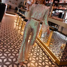 Women's Two Piece Pants Sexy Glitter Sequin Long Pant Suit Women Casual Lantern Sleeve Solid 2Pc Set Elegant Turtleneck Blouse & Flare