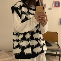 女性のベストQWEEK HARAJUKU SHEEP PRINT WOMEN VEST SEATER KAWAII BLACK CREWNECK KNITWEAR KOREAN FASION COUTE GRAPHIC COLLEGES 230322