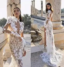 Arabia Mermaid Wedding Dress 2023 Berta High Collar Side Slit Illusion Lace Appliques Lång ärm Sweep Train Boho Bridal Gown E0322