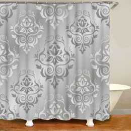 Shower Curtains Stylish Antique Abstract Baroque Damask Shower Curtains Bathroom Curtain Dark Gray Silver Floral Bath Curtain Bath Mats Decor 230322