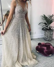 Partykleider Modemchampagner Pailletten Long Prom Kleid 2023 V-Ausschnitt Perlen formelle Abendkleider sexy arabische Dubai Vestidos de Feast