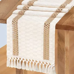 Таблица бегуна Vlovelife Macrame Table Runners Natural Burlap Splicing Cotton Boho Table Runner с кисточками.