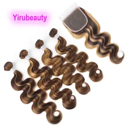 Yirubeauty Indian 100% Human Hair 4 Bundles With Lace Closure Free Middle Three Part P4 27 Baby Hair Silky Straight Body Wave 10-30inch