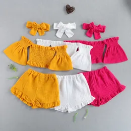 衣料品セット16y夏のファッションの女の子の女の子の服短袖のクロップトップショートパンツヘッドバンド3pcs outfit 230322