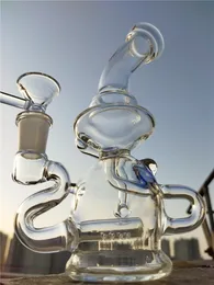 Clear Buoy Base Bong Recycler Dab Rig Glass Water Bong Rökning Hosah 14mm Joint Bowl med Blue Dot Glass Water Bongs