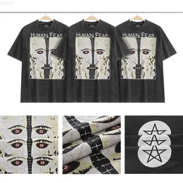 Camisetas masculinas São Michael Five Star White Ghost Old Print High Street Fashion Loose Lavado Round Round Manga curta T-shirte9wy