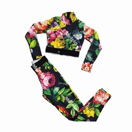 Flower Print Fitness T Shirts Long Sleeve Tracksuits Yoga Tops Legings Set Workout Clothes Wear Sports Gym Leggings Women Sportswear