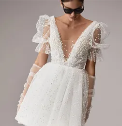 2023 Ny ankomst kort bröllopsfest klänning puff ärmar v hals tutu sexig backless mini civil brudklänningar sommar vestidos de novia