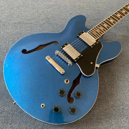 guitarra elétrica 335 azul de mogno prateado azul corpo e pescoço, hardware cromo banhado em rosa de pau-rosa, falhas duplas Frete grátis