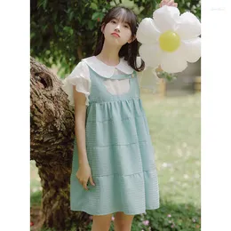 Arbetsklänningar sweetxue sommarbroderi dockor krage kortärmad skjorta denim suspender mini kjol tvådelar outfit koreanska söta kostymer