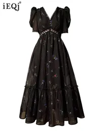 Party Dresses IEQJ French Vintage Dresses For Women's Summer Black Floral V-neck Closed Waist Midi Dress Fashion Female Robe 3W5288 230322