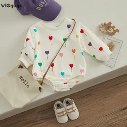 장미 Visgogo Born Romper Baby Girl Round Long Long Sleeve Heart Balloon Pattern Jumpuit Elastic Cuff Bodysuit Spring Fall Close 230322