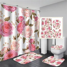 シャワーカーテンピンクの花バラローズエレガントなプリントシャワーカーテンセット防水女性入浴浴室の台座敷物蓋カーティナデュシャ230322