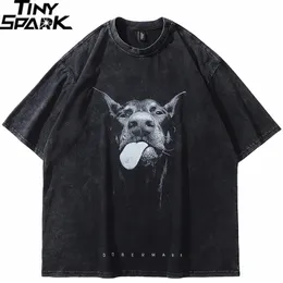 Koszulki mężczyzn 2023 Mężczyźni Streetwear Hip Hop Zagraniony zabawny Doberman Dog Graphic Vintage Madnie czarna koszula Harajuku ee bawełna 230321