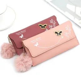 Wallets Fashionable Butterfly Designer Women Long Pu Leather Money Bag Solid Wool Ball Bow Clutch Large Capacity Card