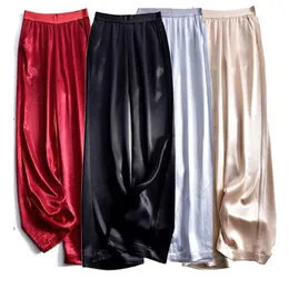 Spodnie damskie moda luźna jedwabna szeroka noga stylowa elastyczna talia satynowa satynowe spodnie dresowe koreańskie w lupgy proste spodnie 230322