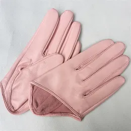 Vrouwen natuurlijke schapenvacht leer effen roze kleur half palm handschoenen vrouwelijke lederen mode korte rijhandschoen R1171 248J