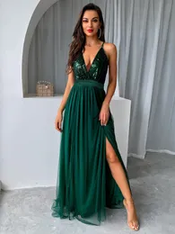 Party Dresses Yissang Mesh Sequins V-Neck Dress Women Cocktail Party Dresses Backless Summer Maxi Long Bodycon Dress Elegant Dress 230322