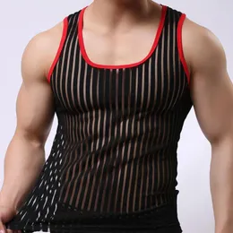 Men's Tank Tops Summer Mens Undershirts Sleeveless Striped Shirts Solid Color Vest Male Mesh Sexy Transparent Tees Bottoming Shirt Men Wear