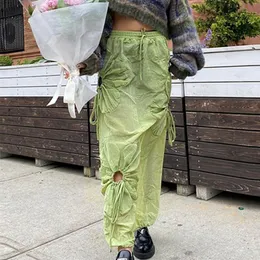 Kjolar kvinnlig vintage last fast färg elastisk hög midja blomma dragkvinnan ihålig ut kvinnor mode streetwear green 230322