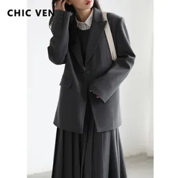Tvådelklänning Chic Ven Fashion Women's Blazer Wide Shoulder Suit Pock Pleated Dress Two-Piece Set For Women Spring Autumn Office Lady 230323
