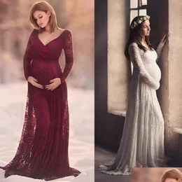 Maternity Dresses Puseky M2Xl Lace Dress Photography Prop Vneck Long Sleeve Party Gown Pregnant Women Elewear Plus Size Drop Dh2Md
