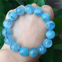 Strand 14mm Clear Genuine Natural Blue Aquamarine Round Bead Bracelet