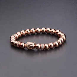 Strand Religious Style Classic Copper Buddha Head Armband Matt Svart Frosted Stone Pärlade Elastiska handgjorda smycken för kvinnor