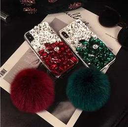 Casos de telefone celular de alta qualidade Bling Crystal Diamond Fox Fur Ball Condela para iPhone 11/12 Pro XS max xr x 8 7 6s Plus Samsung Galaxy