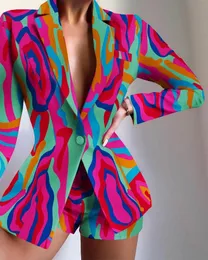 Kvinnors jumpsuits rompers Elegant Two Piece Set -outifits Blazer Elastic Shorts Fashion Print Blazers Passar Autumn Ladies Button Jacket Coat 230322