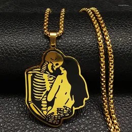 Pendant Necklaces Couple Skull Hug Stainless Steel Necklace Gold Color Love Pendants Skeleton Jewelry Gifts N18779S08