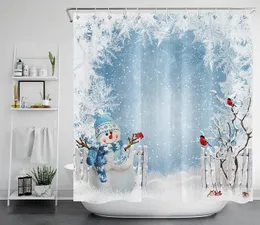Shower Curtains Snowman Merry Christmas Shower Curtain set Bathroom Kids Snowflakes Bird Standing on Snowy Branch Trees for Xmas Winter Scenery 230323