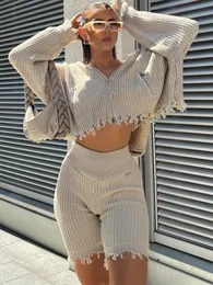 Women s Two Piece Pants Sibybo Autumn Ribbed Knit Zip up Women Hoodie Sexy Skinny Draped Shorts Fashion Solid Casual 2 Set s Outfits 230322