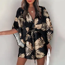 Sıradan elbiseler yaz gündelik boho elbiseler kadınlar flora baskılı batwing kollu dantel elbise kadın düzensiz seksi plaj mini elbiseler vestidos 230323