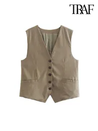 Women's Vests TRAF Women Fashion Front False Welt Pockets Linen Waistcoat Vintage Sleeveless Front Buttons Female Outerwear Chic Tops 230322