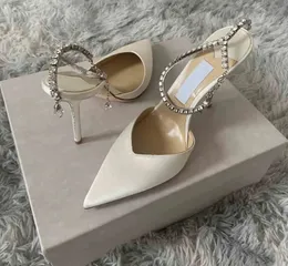 Yaz Ayakkabıları Kadın Sandal Lüks Tasarımcı Saeda 100mm Yüksek Topuklu Beyaz Leke Sandalet Düğün Ayakkabı Pompaları sivri ayak parmağı kristal kayış seksi topuklu