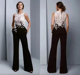 New Stylish Black And White Prom Dresses Jumpsuit Pockets See Through Top Lace Pansuit Women Graduation Party Dress Cheap Evening