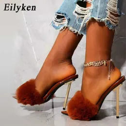 Zapatillas Eilyken Moda Faux Fur Mujeres Mule Tacones altos Zapatillas Sandalias Chanclas Punta estrecha Toboganes Zapatos de fiesta