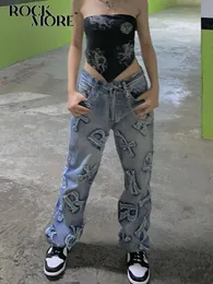 Jeans feminino rockmore retchwork y2k streetwear calça de carga reta de punk punk altas pernas largas calças jeans 90s vintage 230323